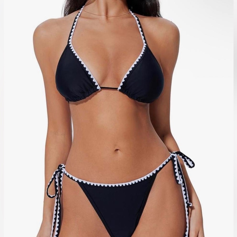 Black Triangle Bikini with White Trim - Women Swim